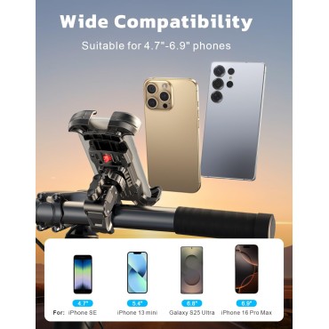Dawinga Motorcycle Phone Mount, [One-Click Lock] Bike Phone Holder, [Upgrade Cushioned Protection] Handlebar Phone Mount with Security Lock Compatible with iPhone, Samsung and 4.7-6.9'' Smartphones