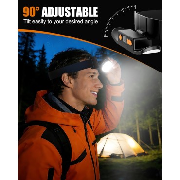 Dawinga Headlamp Rechargeable, 230° Wide Beam LED Head Lamp with Digital Power Display, 90° Adjustable Tilt & IPX5 Waterproof Headlights Flashlight for Camping, Hiking, Running, Repairing, Fishing