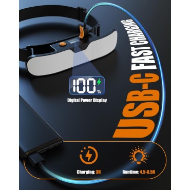 Dawinga Headlamp Rechargeable, 230° Wide Beam LED Head Lamp with Digital Power Display, 90° Adjustable Tilt & IPX5 Waterproof Headlights Flashlight for Camping, Hiking, Running, Repairing, Fishing