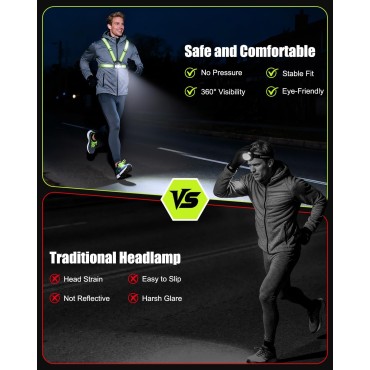 Dawinga Running Lights for Runners, 500 Lumens Running Light with 45° Adjustable Beam, 6 Modes & IPX4 Waterproof, 1800 mAh Rechargeable Reflective Vest for Night Walking/Cycling/Jogging/Hiking