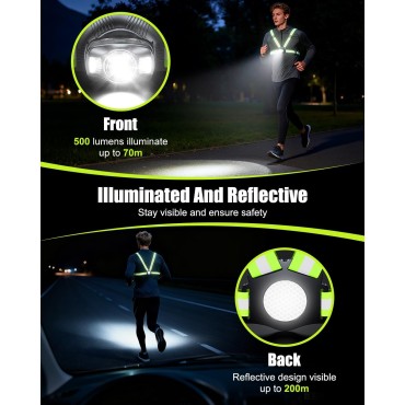 Dawinga Running Lights for Runners, 500 Lumens Running Light with 45° Adjustable Beam, 6 Modes & IPX4 Waterproof, 1800 mAh Rechargeable Reflective Vest for Night Walking/Cycling/Jogging/Hiking