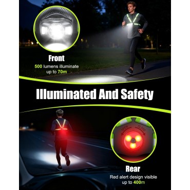 Dawinga Running Lights for Runners, 500 Lumens Running Light with Rear Red Alert Light, 45° Adjustable Beam & IPX4 Waterproof, Rechargeable Reflective Vest for Night Walking/Cycling, 4-20Hrs Runtime